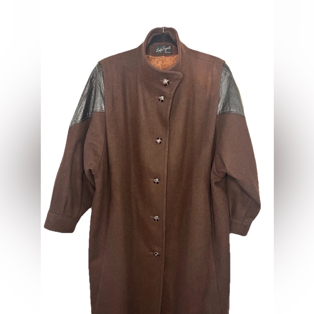 VTG Womens Brown Wool & Leather Maxi Duster Coat USA Oversized 80s XXL Bohemian - Picture 16 of 16